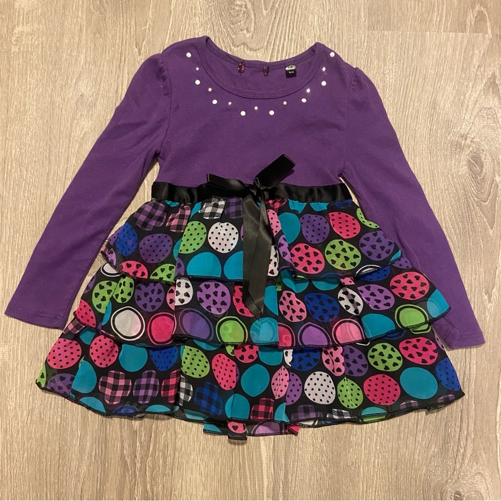 Purple long sleeved chiffon ruffle dress with pink heart print & pearl neckline